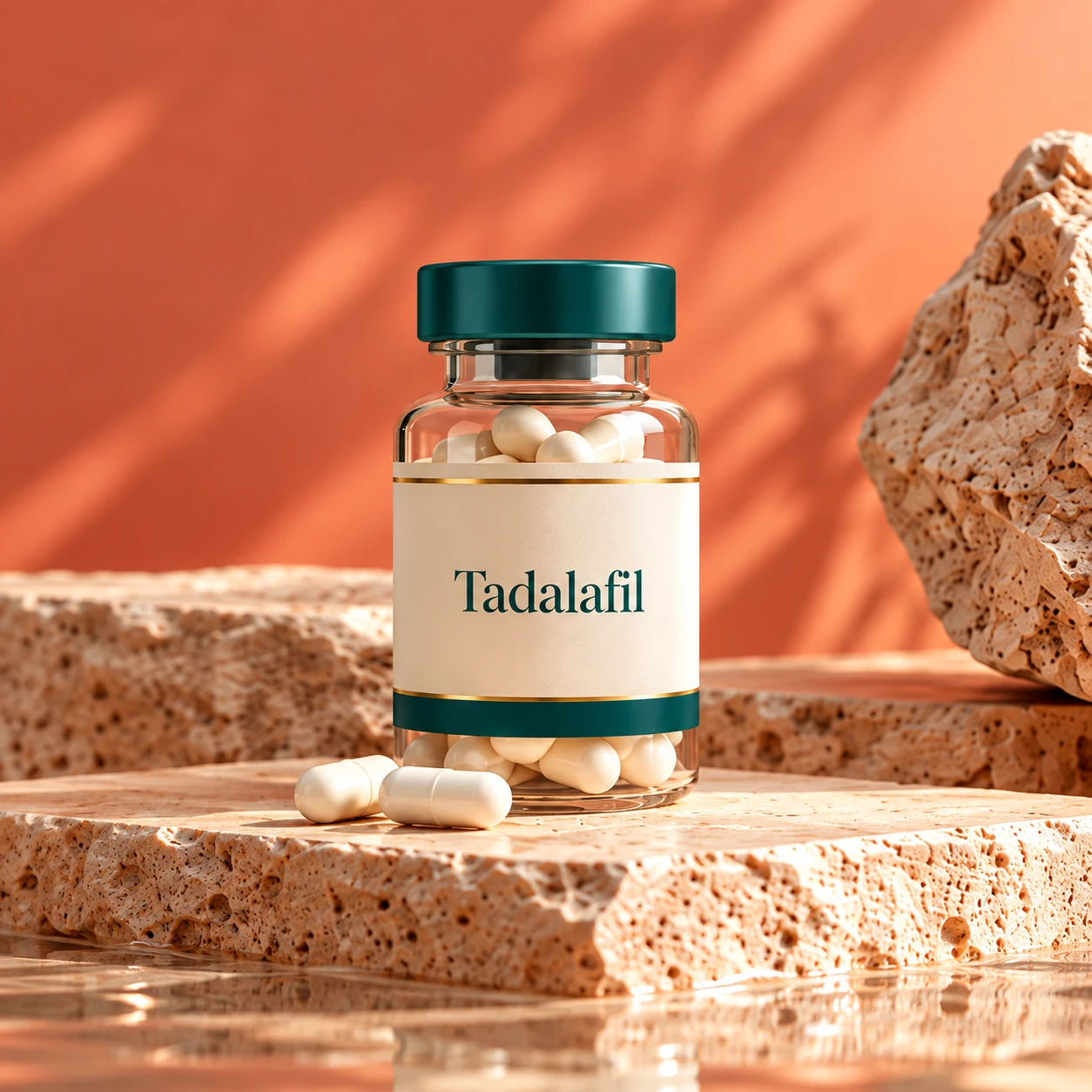 Tadalafil capsules on a coral backdrop